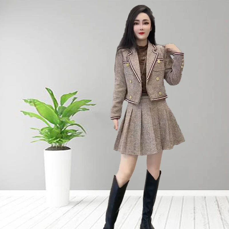 66631时尚气质名媛套装2023-秋冬新款短西装百褶裙洋气修身二件套