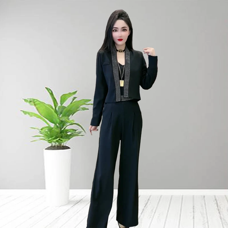 66923春季时尚洋气套装2024气质显瘦修身百搭长袖开衫+高腰阔腿裤