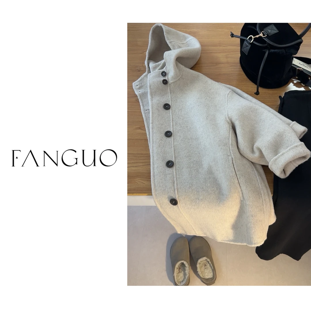 落肩茧型超韩范！休闲连帽绵羊毛双面羊绒大衣短款外套女25779
