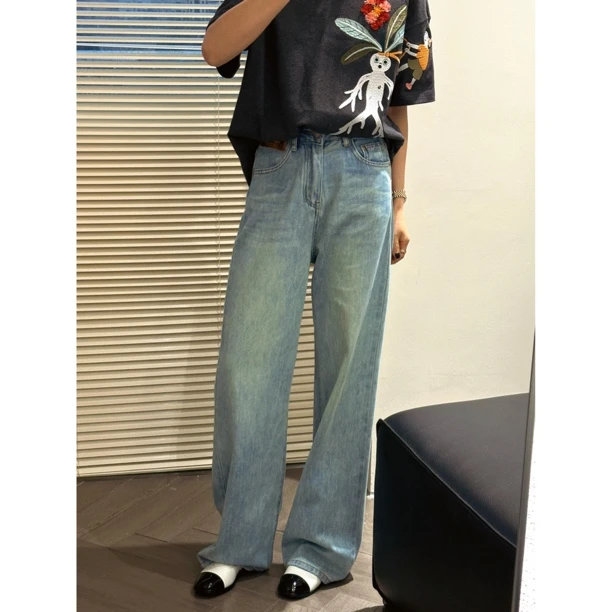 【蛋家】超柔软质感！显瘦显腿长 浅蓝泛白直筒复古牛仔裤   17790