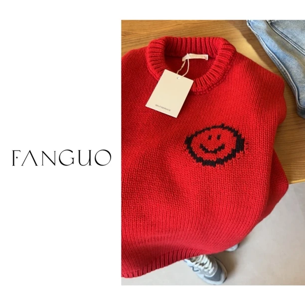 韩国selfserice 一整个爱住慵懒风！糯软质感 羊毛笑脸毛衣女B4335