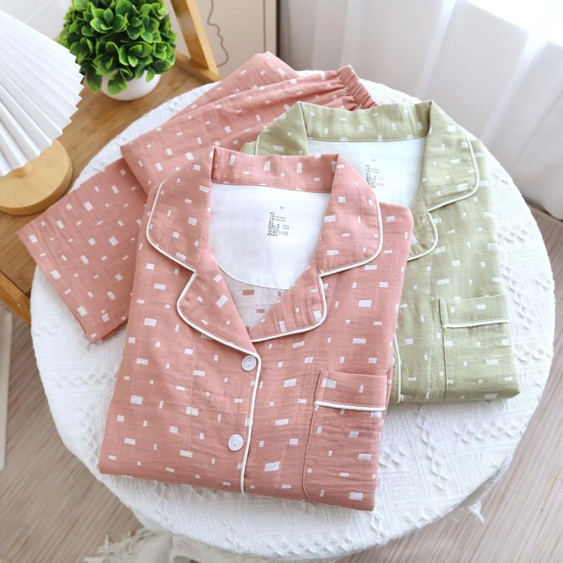 4039色织棉情侣长袖长裤简约睡衣套装双层纱家居服四季薄款大码