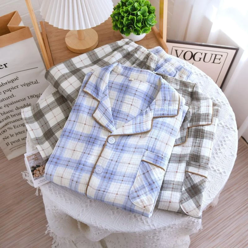 4560男款春夏秋季纯棉双层棉纱格子睡衣套装休闲简约透气吸汗套装