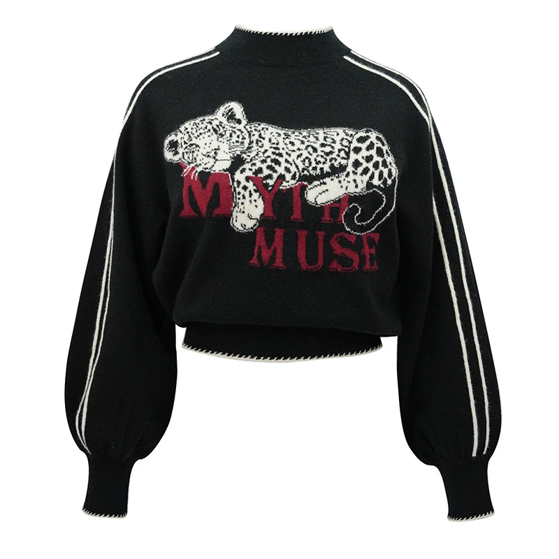 JUNGLE ME秋冬复古黑白撞色半高领提花毛衣宽松休闲长袖黑色时尚