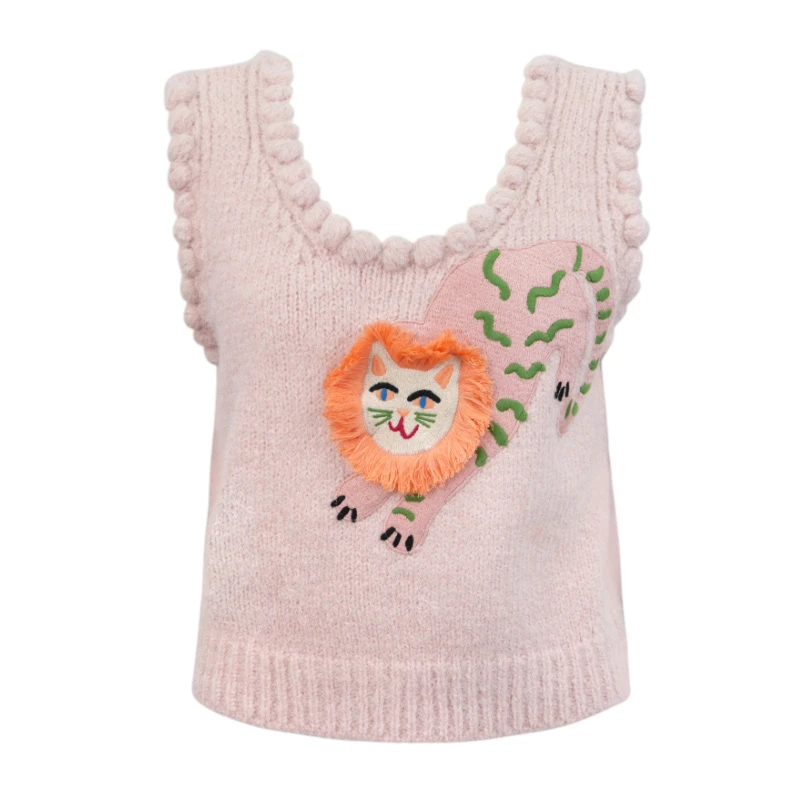 JUNGLE ME秋冬粉色小狮子刺绣套头背心马甲针织无袖马夹洋气减龄