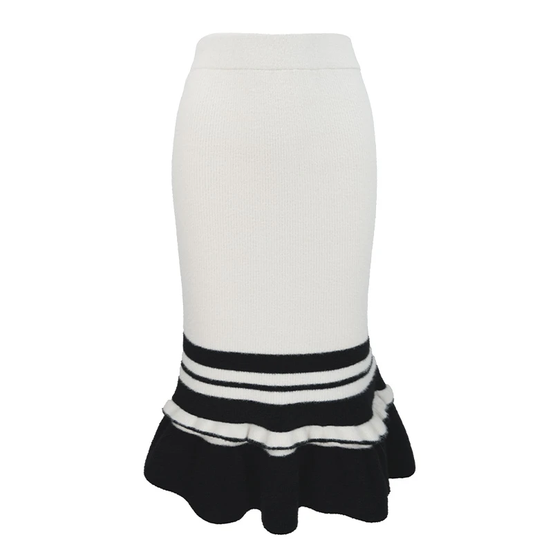 JUNGLE ME秋冬黑白条纹撞色修身鱼尾裙显瘦大气高腰女士半裙优雅
