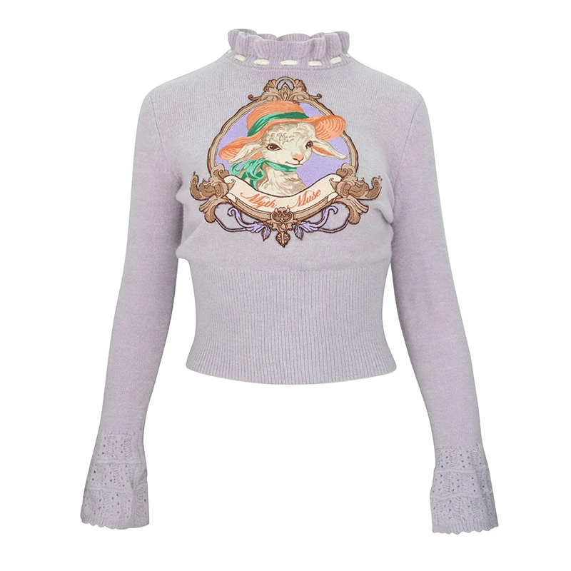 JUNGLE ME法式宫廷风紫色显白毛衣针织花边领减龄百搭修身秋冬