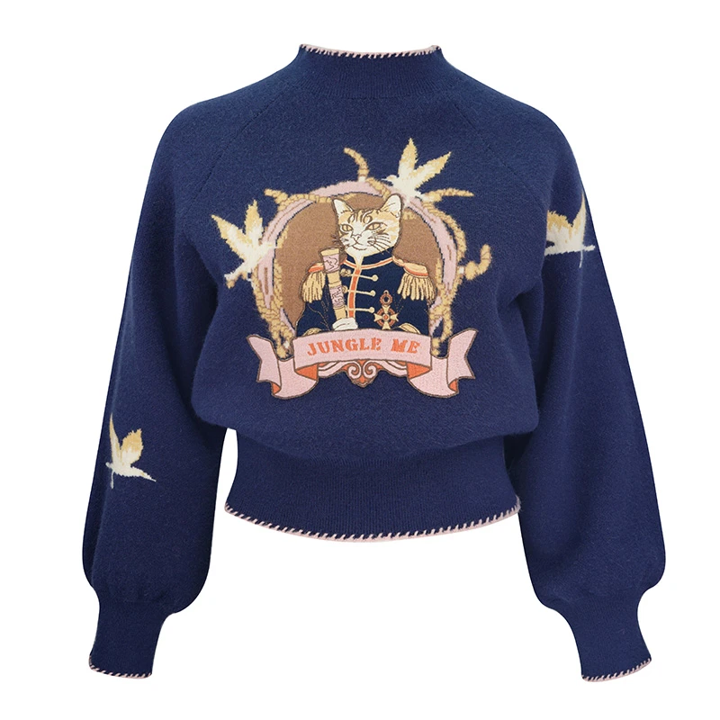 JUNGLE ME复古提花半高领毛衣女装手工缝线设计秋冬上衣套头