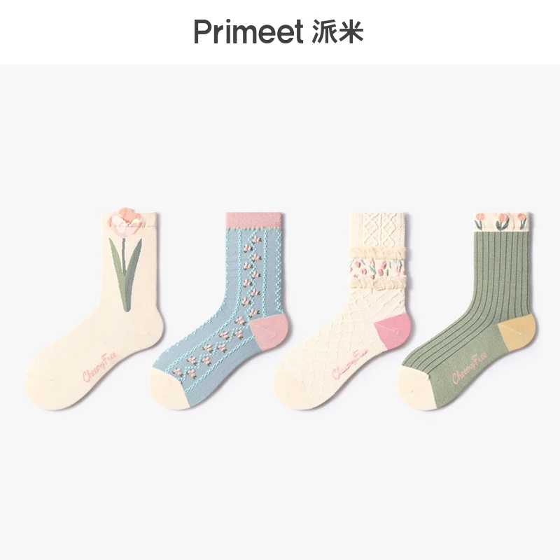 可爱小花袜子女花卉中筒袜夏季文艺复古学院风长袜
