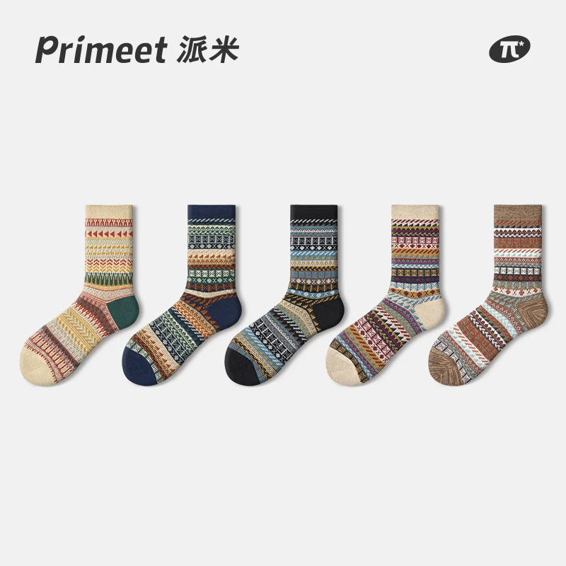 PRIMEET/派米袜子女2024新款爆款中筒袜春秋条纹复古民族风长袜棉