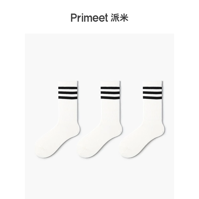 primeet派米白色袜子运动棉潮女春日系学院风黑色条纹中筒鲨鱼裤