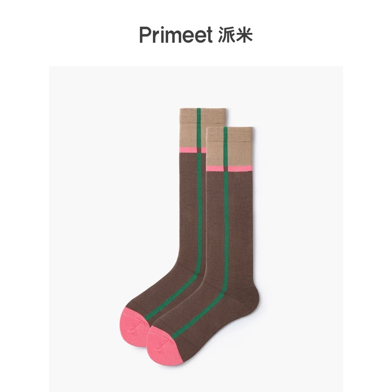 春夏款棕色线条时尚小腿袜女潮流长袜街头袜子条纹长筒袜撞色棉袜