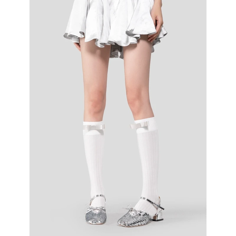 一字蝴蝶结白色小腿袜女夏季薄款条纹长袜芭蕾风高筒袜子春夏款jk