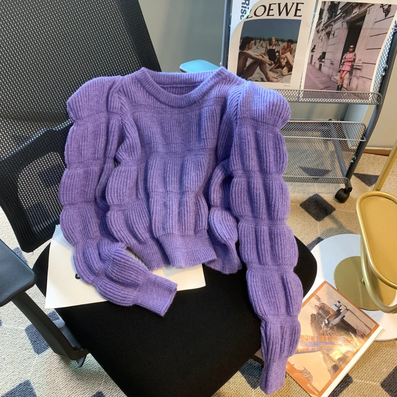 高档小香风短款泡泡袖毛针织衫女早秋装洋气上档次短款长袖上衣