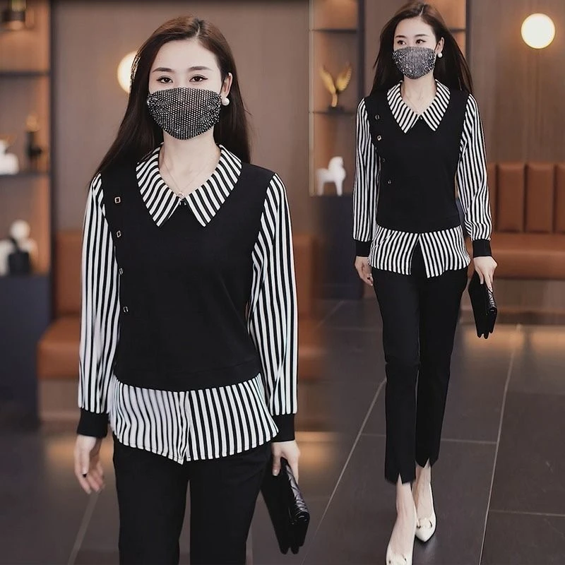 秋季新款洋气妈妈装衬衫女修身显瘦时尚拼色假两件高级感女士衬衣