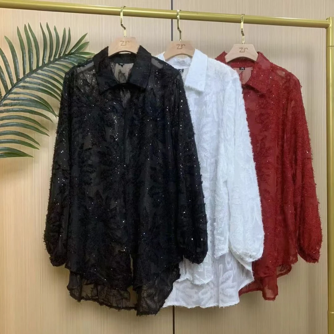 2025春夏新款提花亮晶晶显瘦时尚潮牌中长款长袖衬衫开衫上女