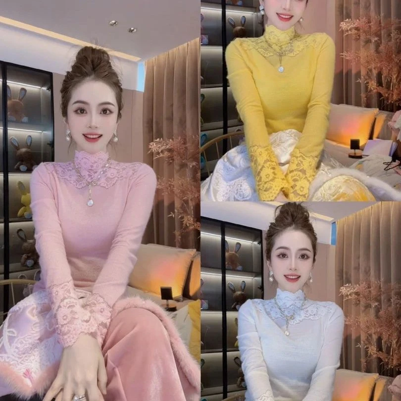 2025秋冬新款半高领花边蕾丝打底衫女年轻遮肚显瘦减龄洋气小衫