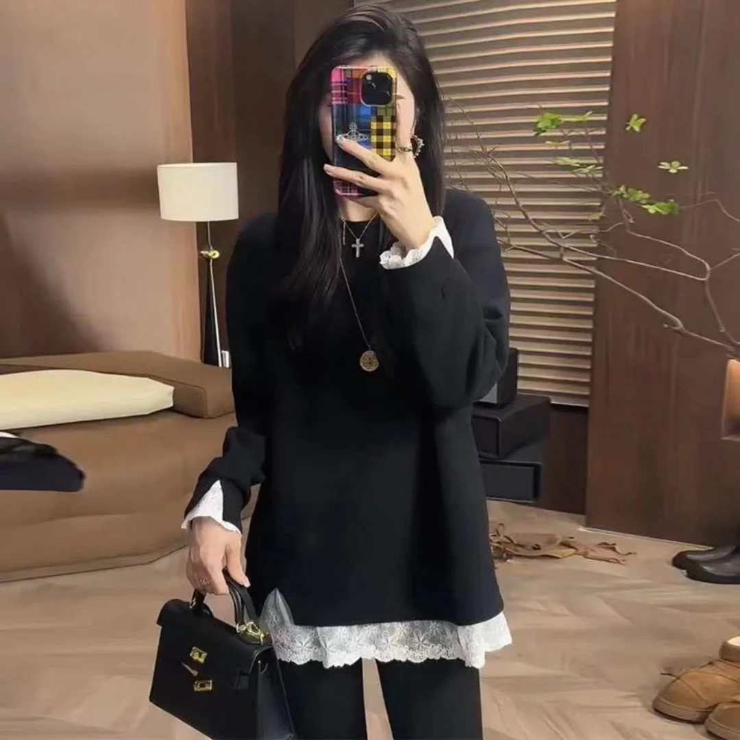 2025秋冬新款假两件蕾丝拼接打底上衣女显瘦长袖百搭8296