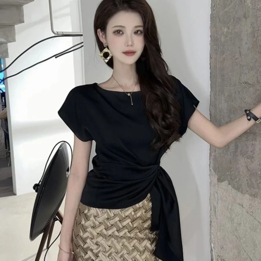 设计感不规则开叉绑带上衣女2025夏季新款时尚名媛风百搭显瘦衬衫