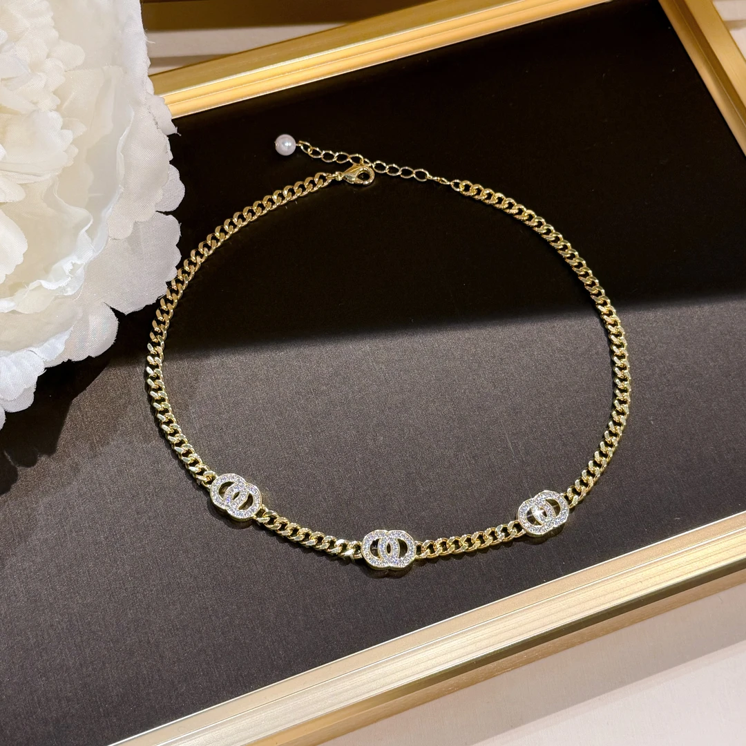 合金合成锆石项链 杨杨babytime 香奶奶轻奢中古粗链双圈满钻项链