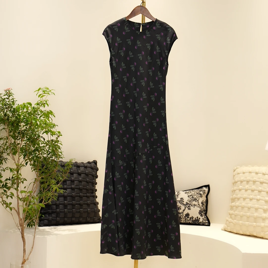 真丝法式浪漫碎花印花圆领小飞袖斜裁连衣裙