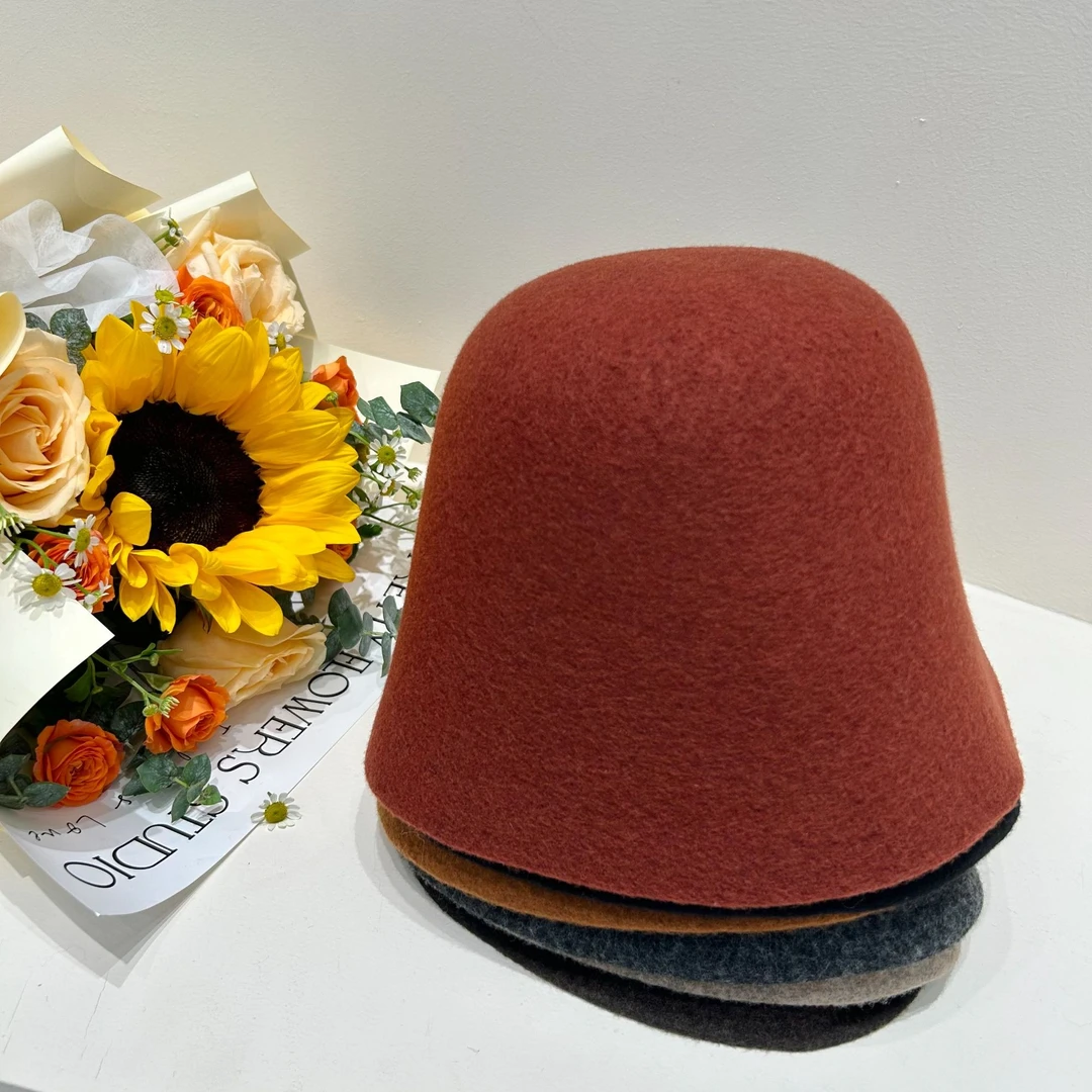 时髦秋冬盆栽渔夫水桶显脸小羊毛百搭纯色帽