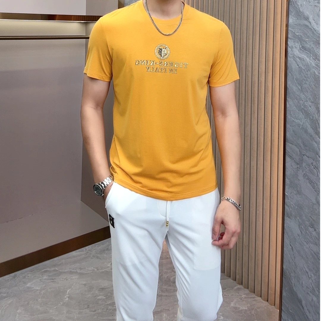 【莫代尔棉】轻奢夏季老虎头立体浮雕工艺圆领男短袖欧货上衣8683