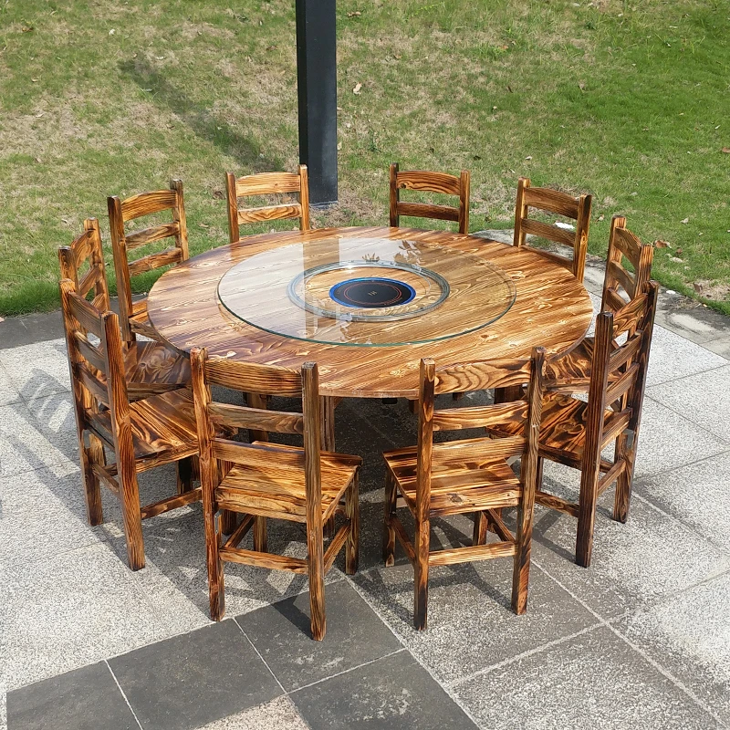 碳化木桌椅组合火锅桌子商用电磁炉一体餐桌大小圆桌餐饮火锅桌