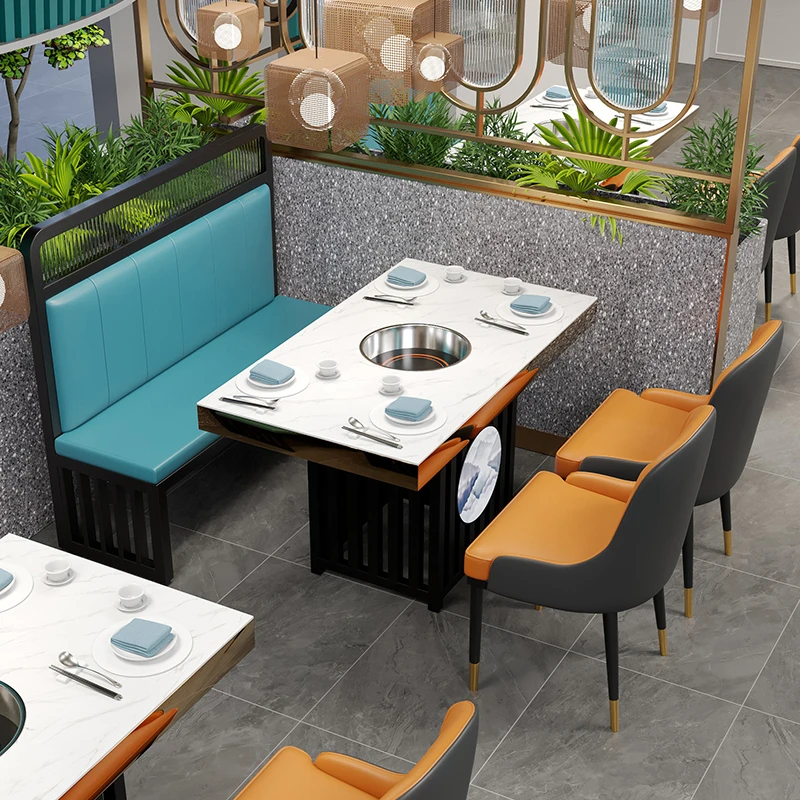 国风岩板大理石烤涮火锅桌耐高温电动自助可调火锅一体火锅烤肉桌