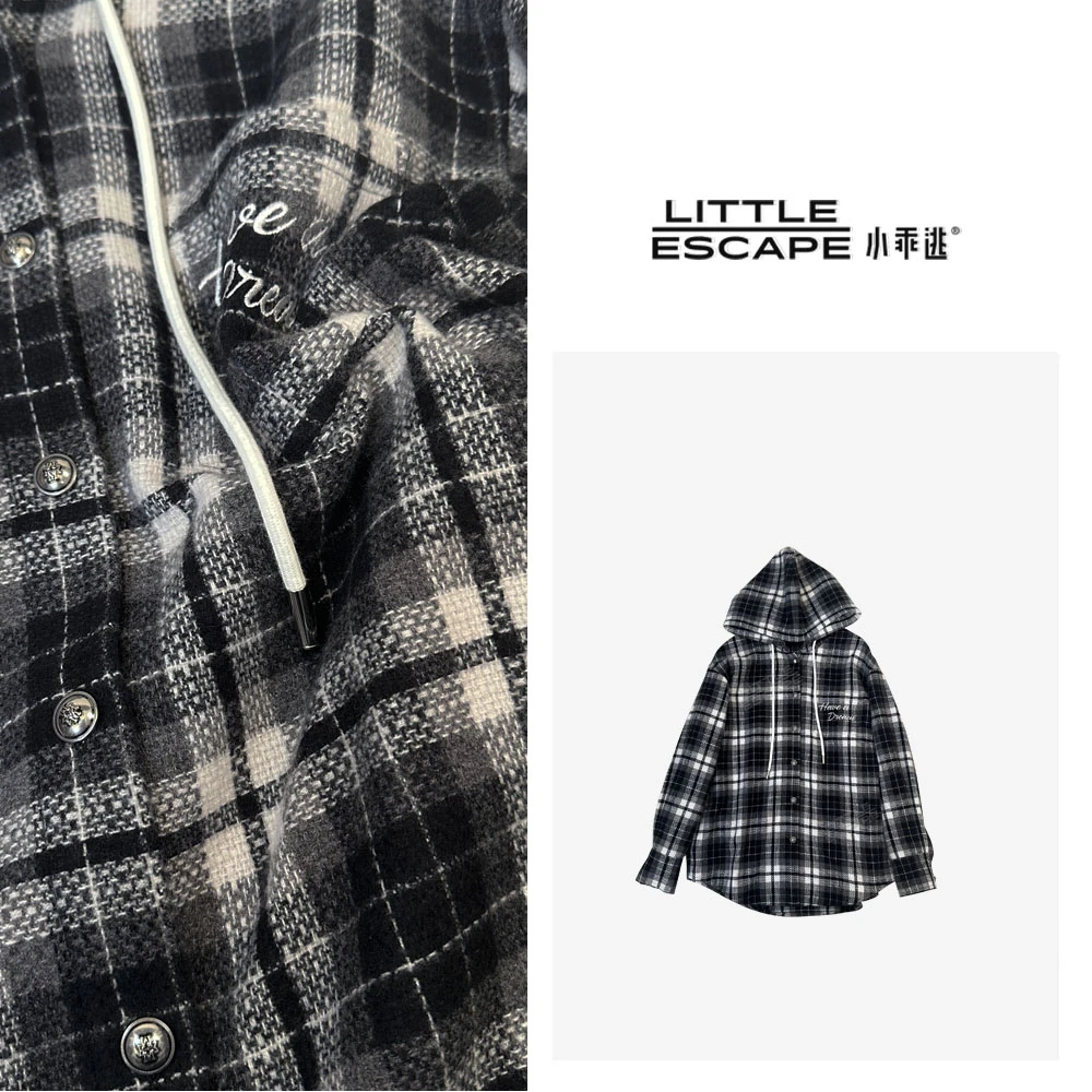 小乖逃X黑白格格子外套格子衬衫 连帽格子 宽带松抽绳上衣 Q6656