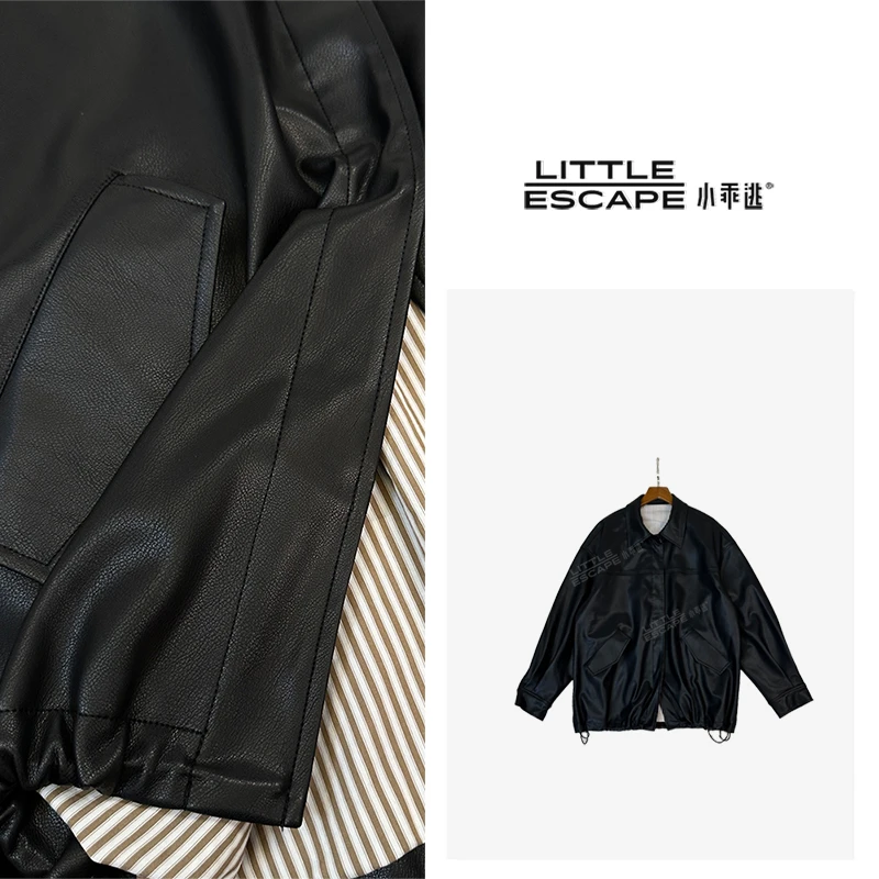 小乖逃X优雅简约大气黑色短款韩版皮衣外套潮流时尚S24015