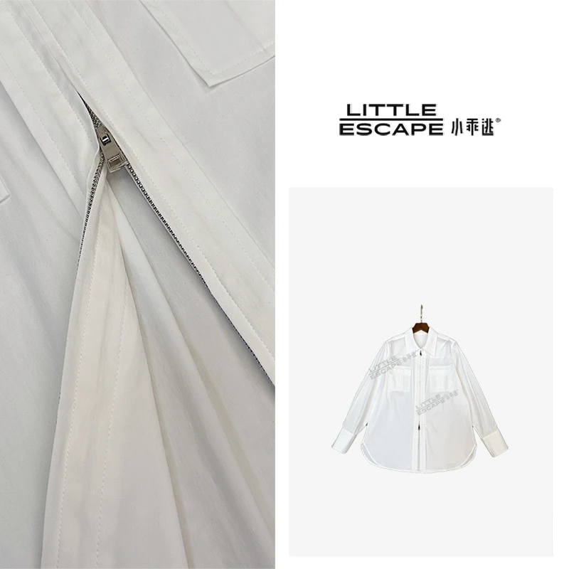 小乖逃X 休闲须眉 上下双拉链白色衬衫 双口袋优雅 C115