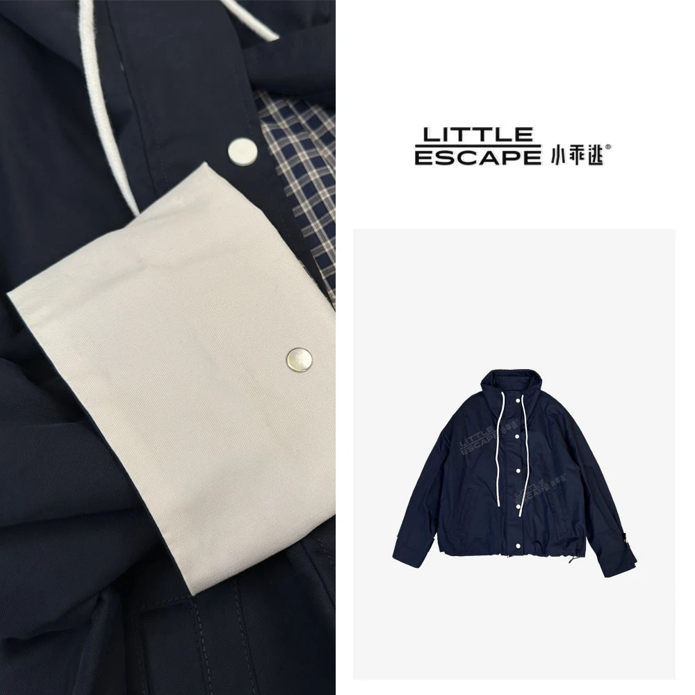 小乖逃X立领蓝色风衣五颗扣双口格子藏蓝风衣内里蓝色外套 S24060