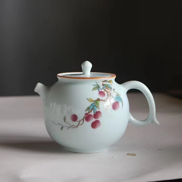 复古粉彩茶具 荔枝壶 荔枝盖碗 天青陶瓷家用茶具