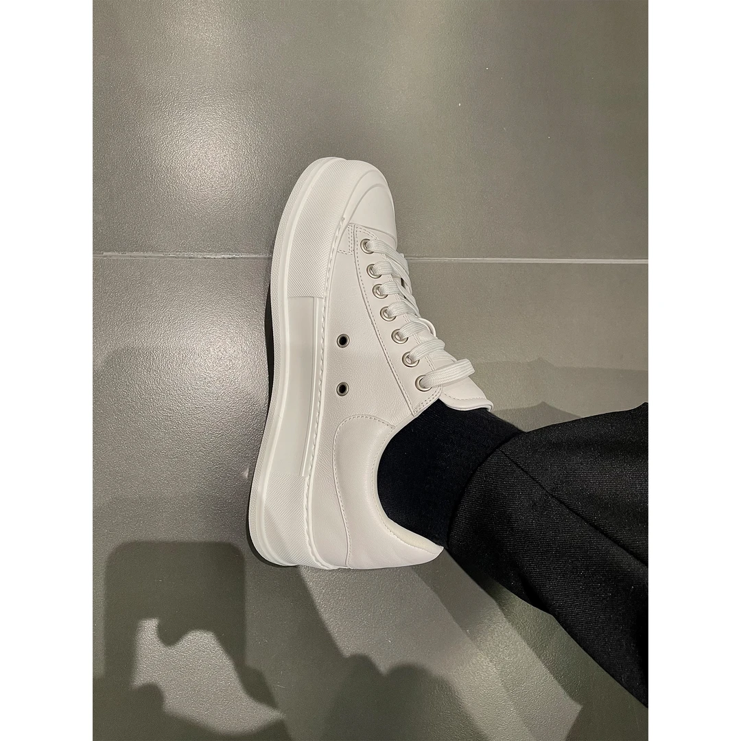 白色平底增高5CM系带百搭头层牛皮休闲小白鞋皮鞋