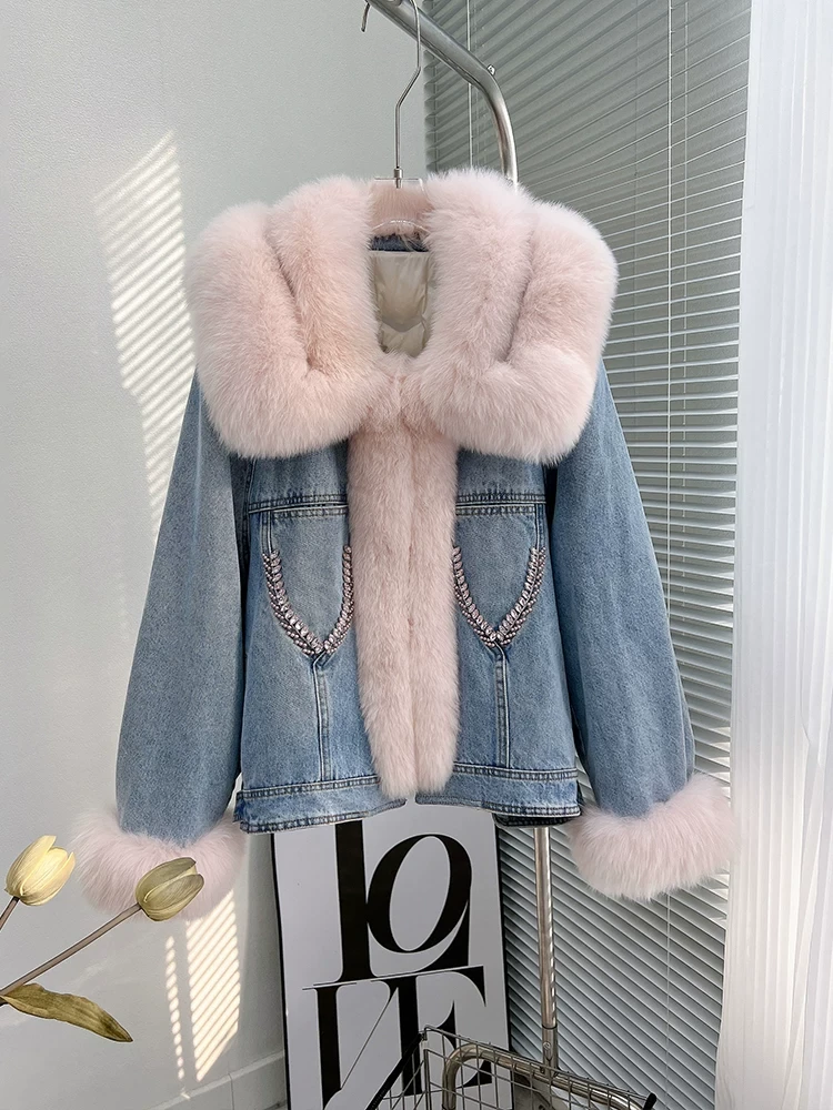 进口狐狸毛牛仔外套轻奢百搭时尚秋冬2024新款