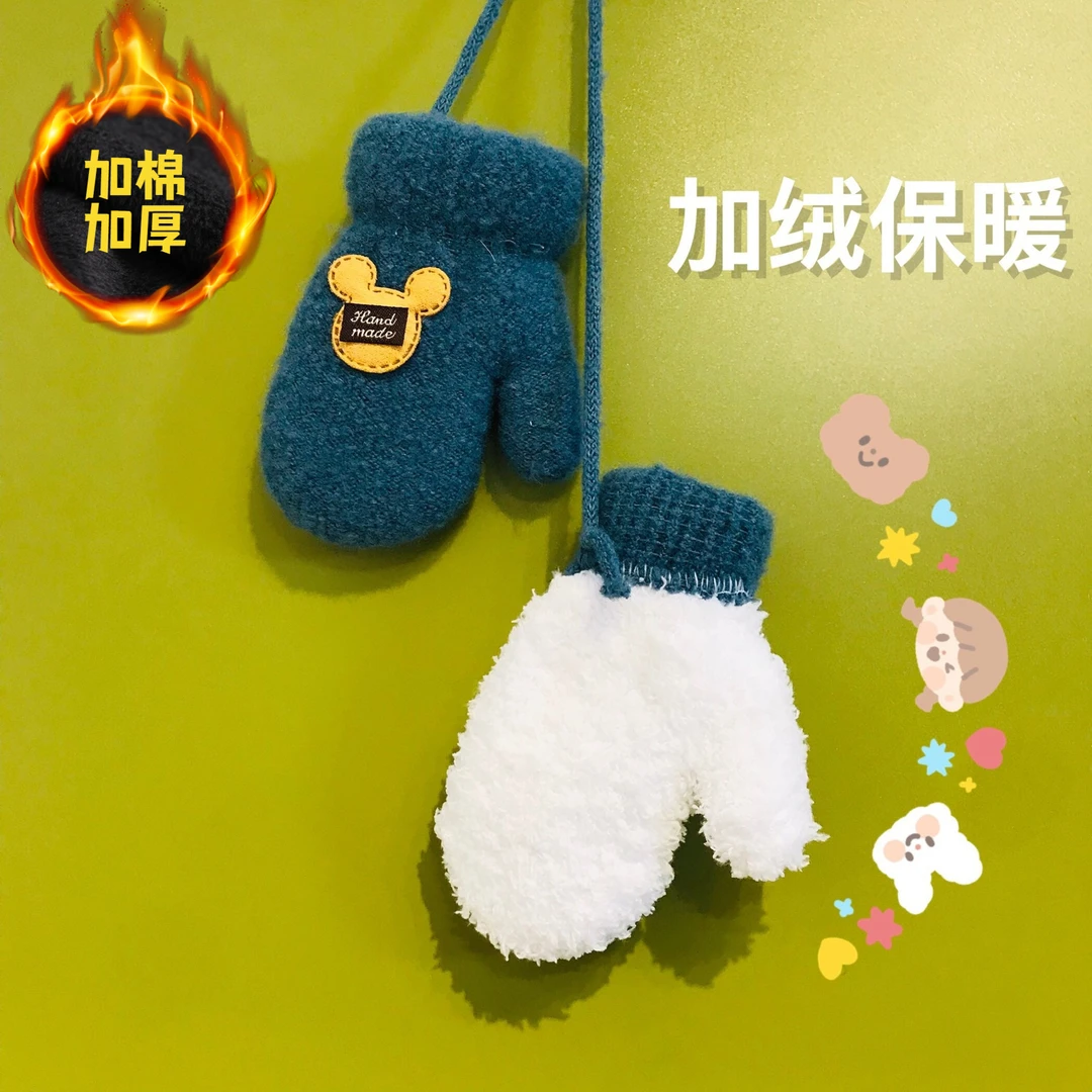 儿童手套加绒加厚秋冬婴幼儿园男女包指保暖手套保暖防寒小孩挂脖