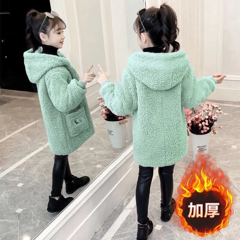 反季男女童秋冬薄款新款韩版羊羔绒毛大衣中大童中长款外套清仓