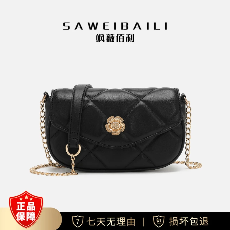 SAWEIBAILI黑色菱格绣线山茶花马鞍包女百搭单肩斜跨包b-60155