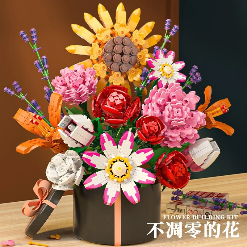圣诞节积木花2023新款益智拼装玩具男孩女孩2023新款向日葵玫瑰花