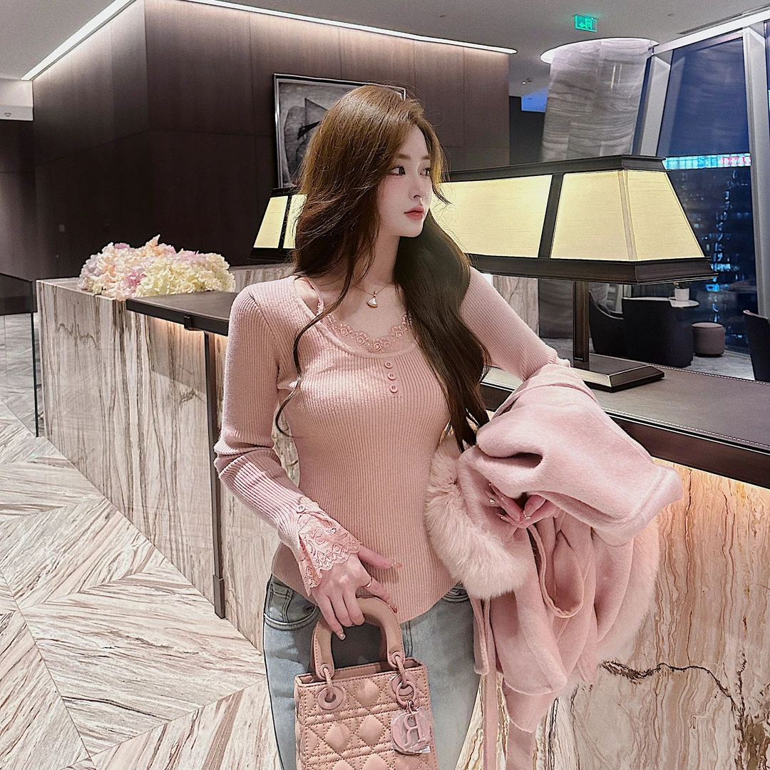 【蕾丝星晴】蕾丝吊带假两件长袖针织衫XS40598