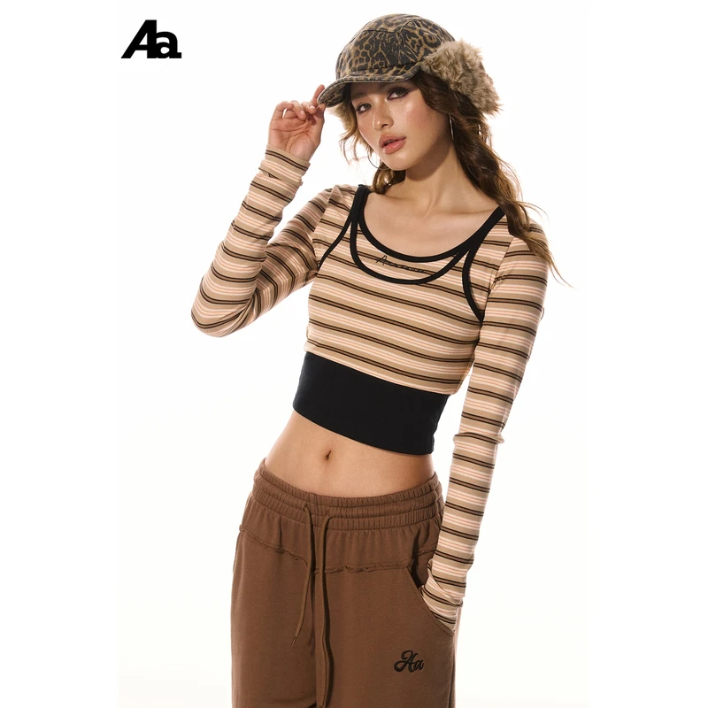 ACMEAURA设计感一衣多穿条纹撞色修身辣妹时尚针织上衣短款打底衫