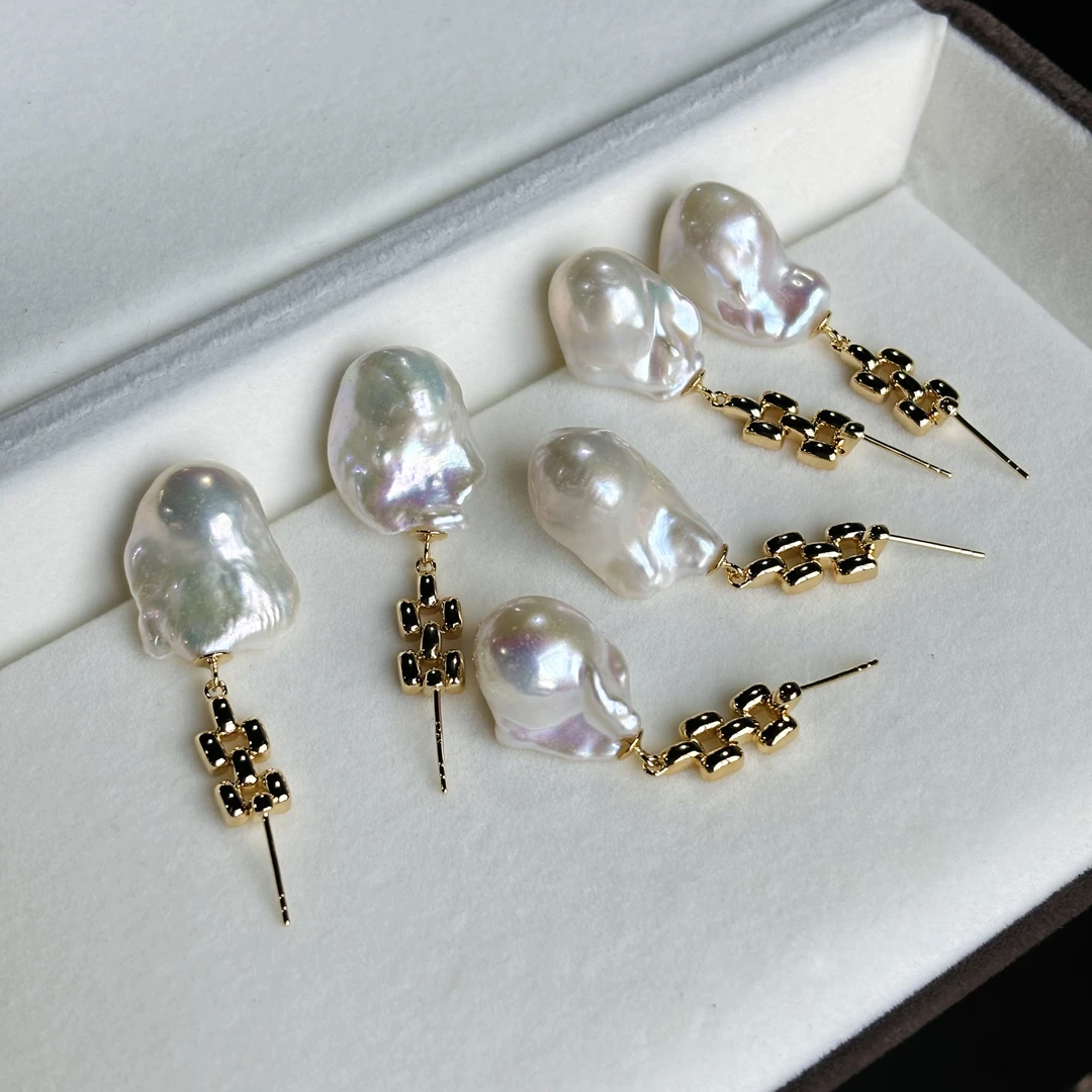 S925银 淡水巴洛克耳环 12-15mm 多样性发一