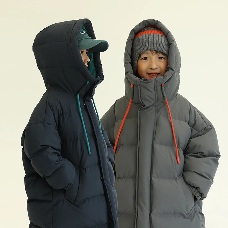 呦奇24新款韩版连帽90白鸭绒加厚保暖儿童羽绒服中长款潮款抗寒