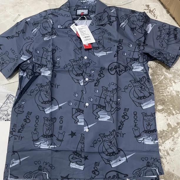 EH 港风垂感趣味表情翻领短袖满印衬衫男女同款宽松情侣潮流