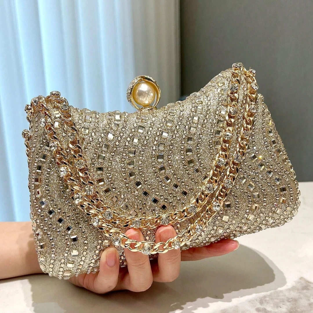 【双面波纹】新款跨境时尚镶钻包水钻手提包链条高级感晚宴包E