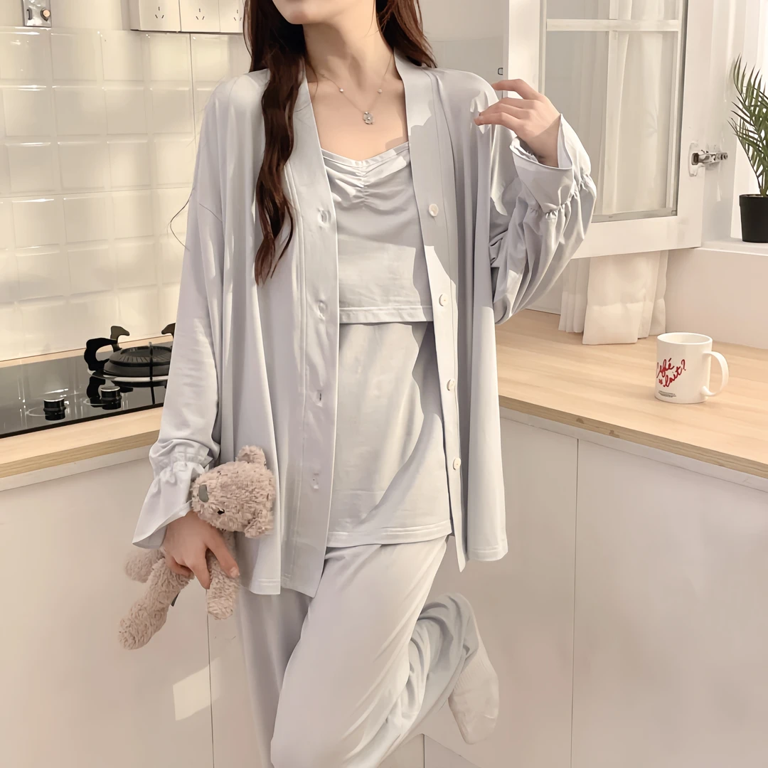 夏季薄款凉感型产后孕妇睡衣春哺乳待产家居服长袖休闲透气三件套