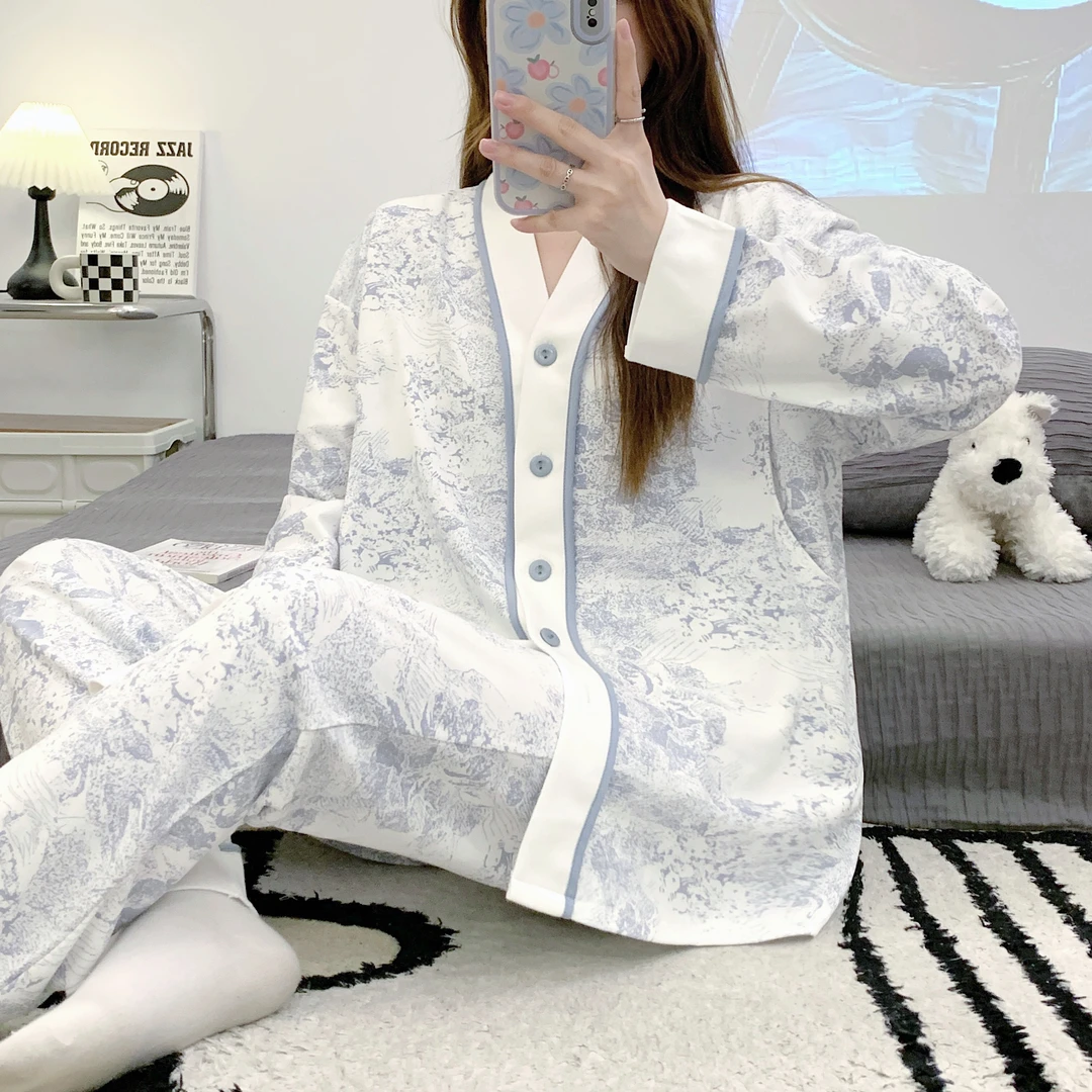 春秋月子服哺乳孕妇家居服喂奶产妇薄款长袖休闲山水设计