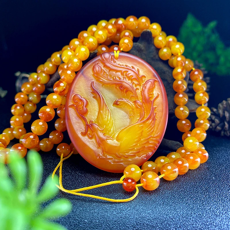 祥瑞如意凤凰D232吊坠黄色立体雕刻牌国风车挂坠项链龙凤佩