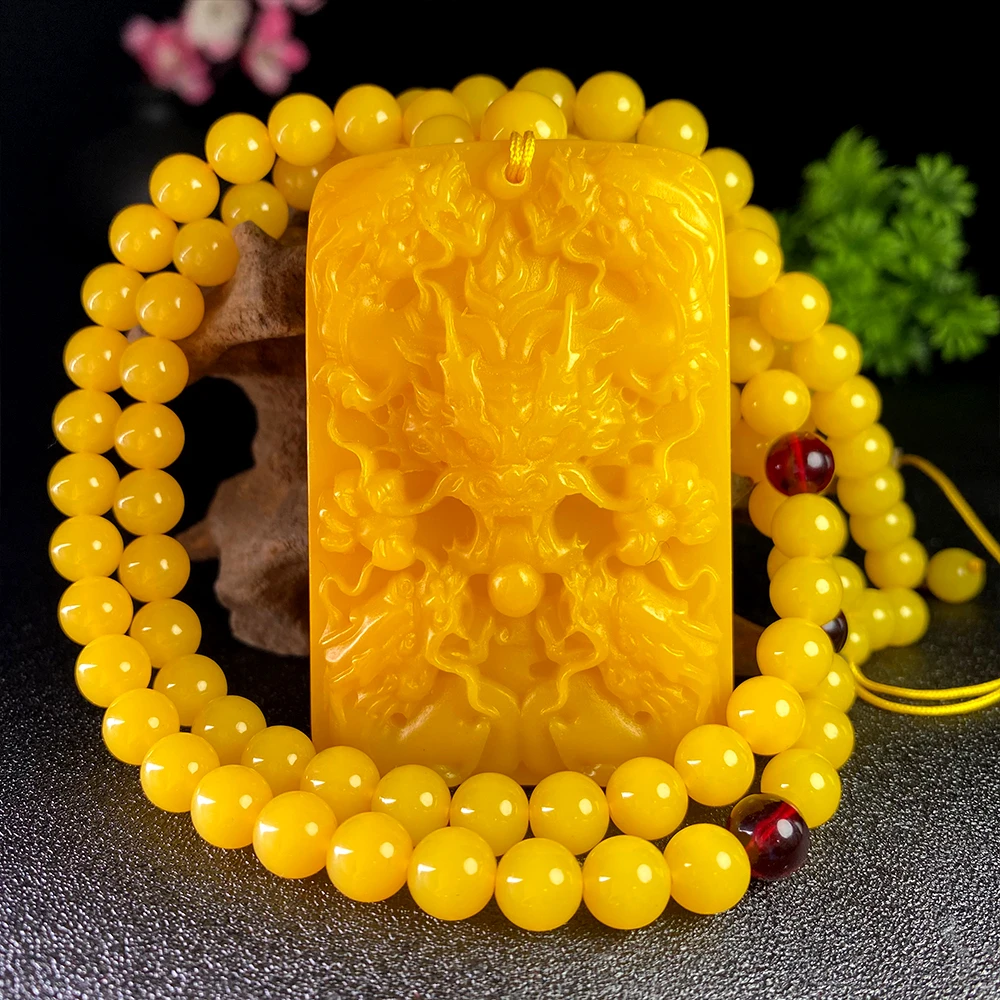 双面雕刻龙牌吊坠D216黄色精美毛衣链国风民族风时尚百搭车挂